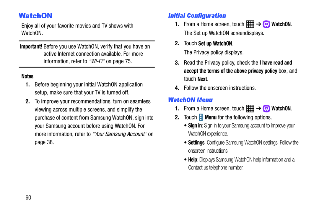 Samsung SM-T520NZWAXAR, SM-T520NZKAXAR user manual Initial Configuration, WatchON Menu 