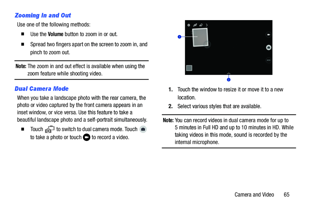 Samsung SM-T520NZKAXAR, SM-T520NZWAXAR user manual Zooming In and Out, Dual Camera Mode 