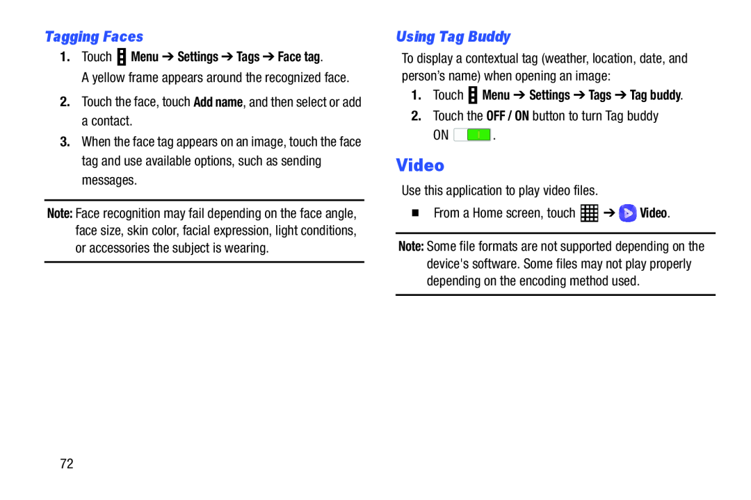 Samsung SM-T520NZWAXAR, SM-T520NZKAXAR user manual Video, Tagging Faces, Using Tag Buddy 