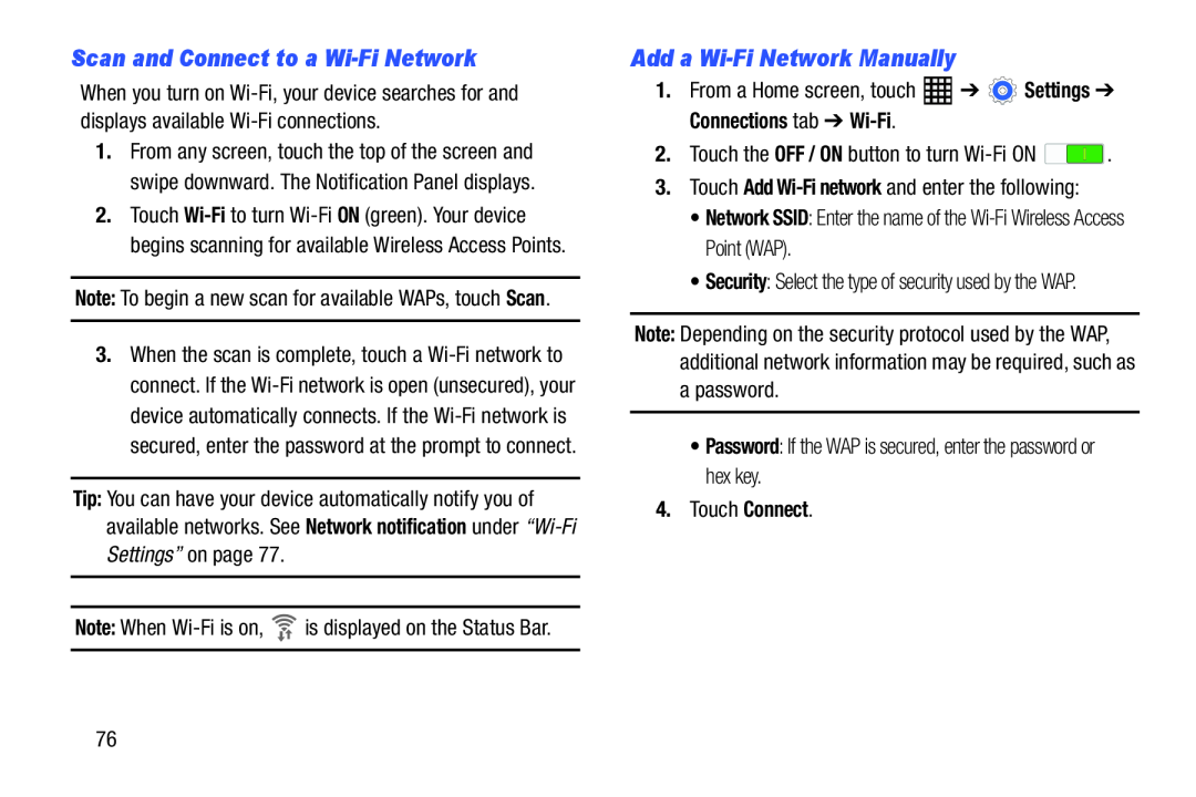 Samsung SM-T520NZWAXAR, SM-T520NZKAXAR user manual Scan and Connect to a Wi-Fi Network, Add a Wi-Fi Network Manually 
