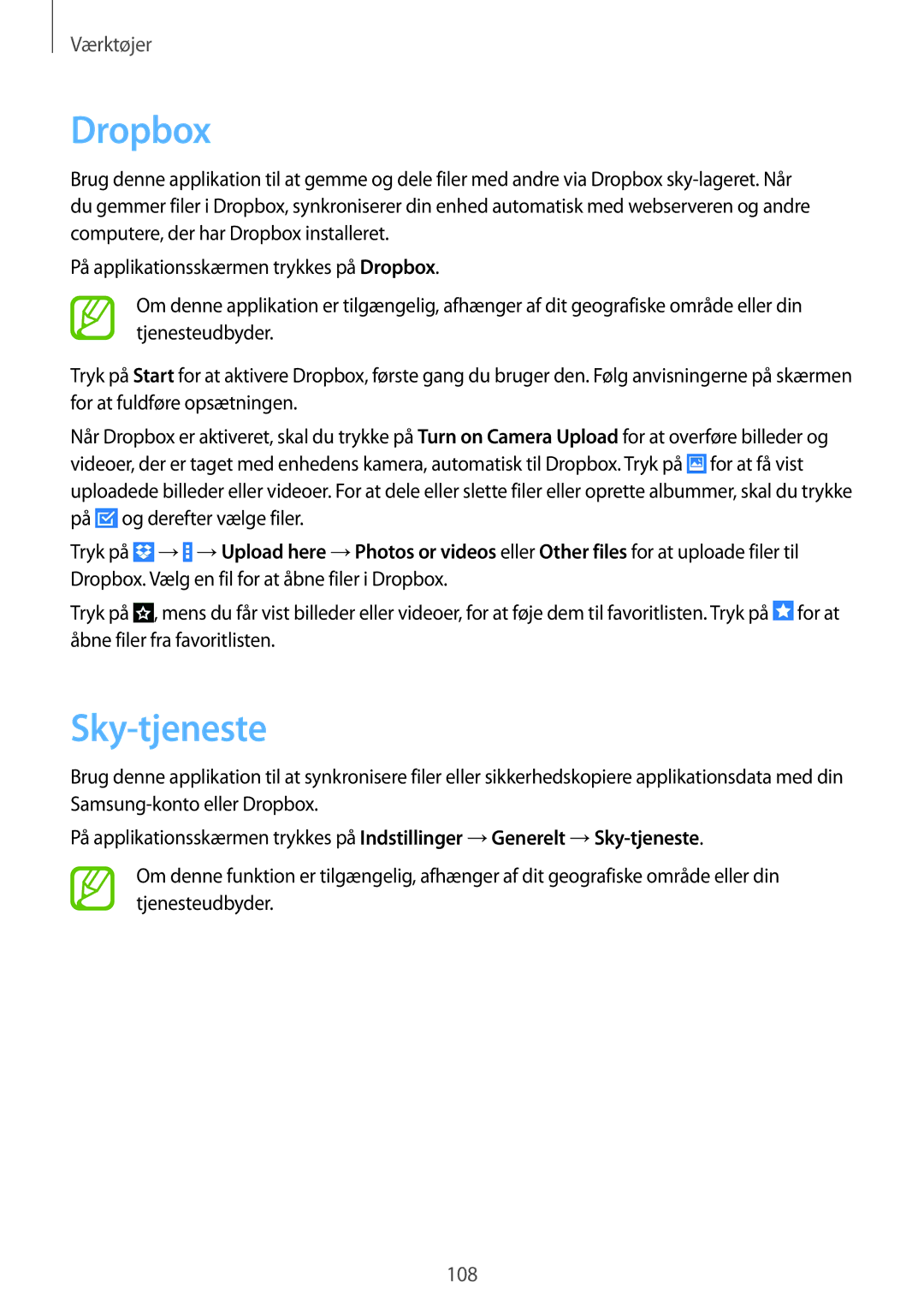 Samsung SM-T520NZWENEE, SM-T520XZWANEE, SM-T520NZKANEE, SM-T520NZWANEE, SM-T520NZKENEE manual Dropbox, Sky-tjeneste 