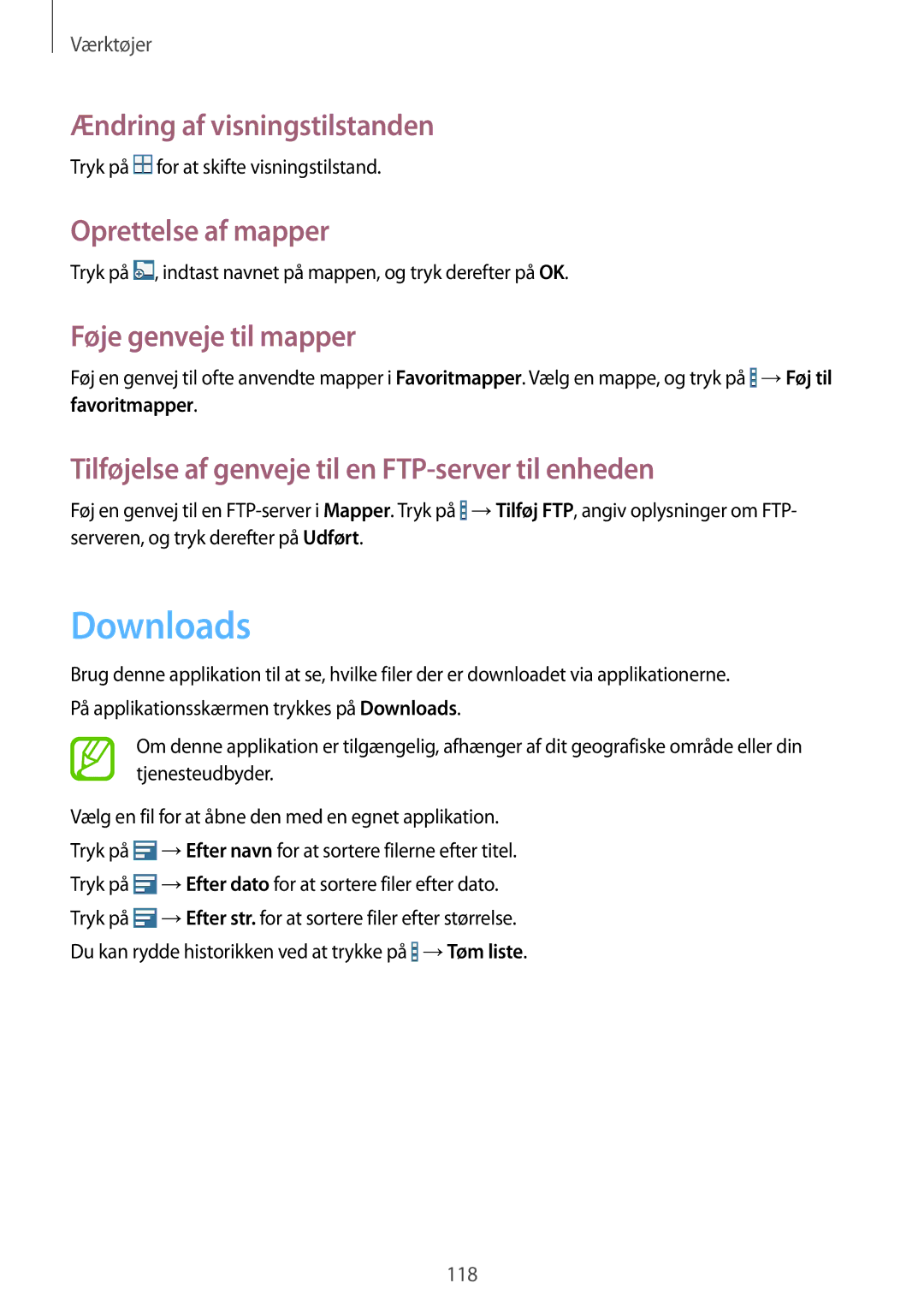 Samsung SM-T520NZWENEE manual Downloads, Ændring af visningstilstanden, Oprettelse af mapper, Føje genveje til mapper 