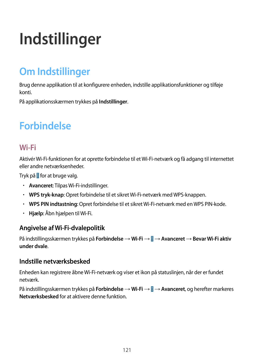 Samsung SM-T520NZKANEE, SM-T520XZWANEE, SM-T520NZWANEE, SM-T520NZWENEE manual Om Indstillinger, Forbindelse, Wi-Fi 