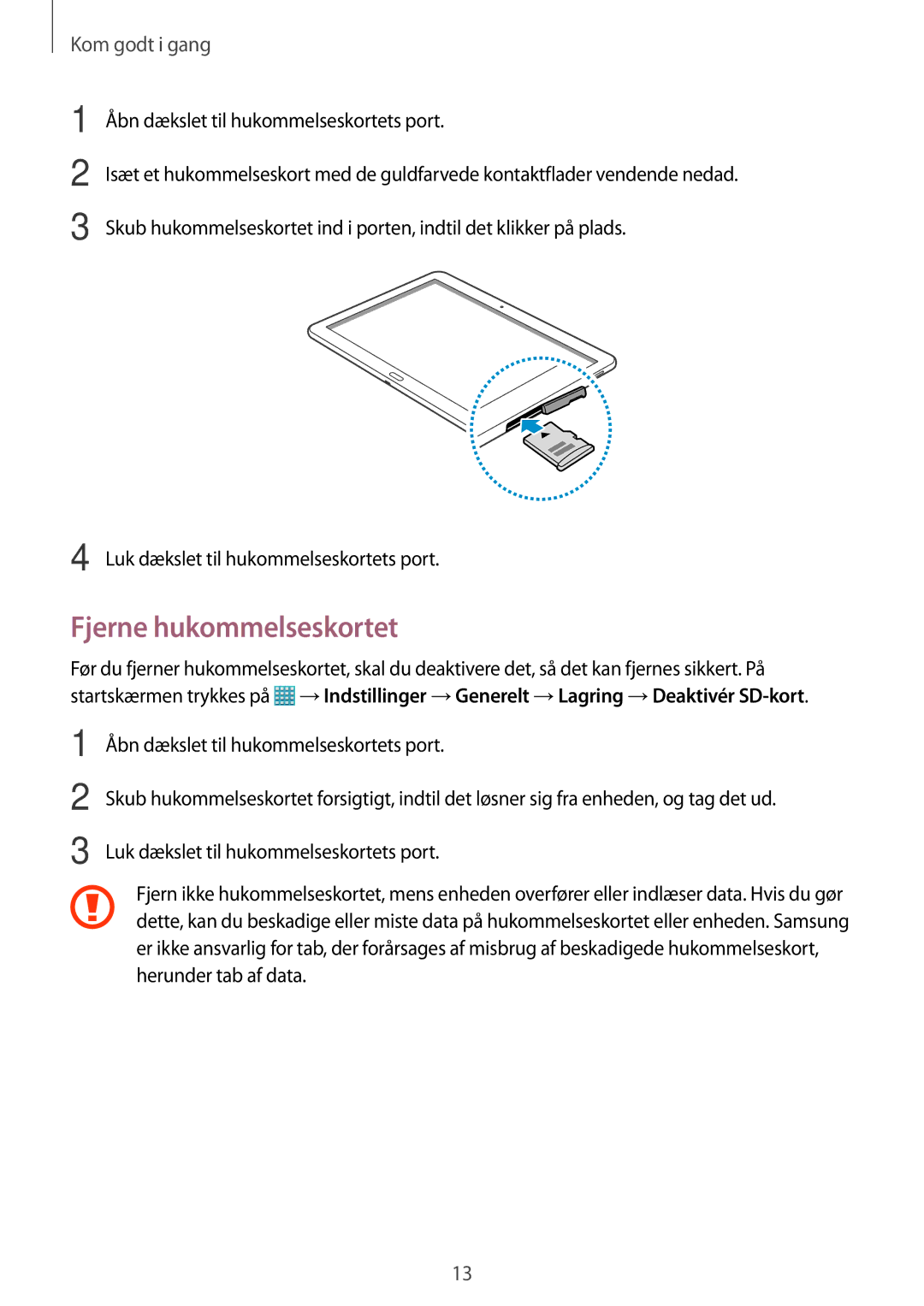 Samsung SM-T520NZWENEE, SM-T520XZWANEE, SM-T520NZKANEE, SM-T520NZWANEE, SM-T520NZKENEE manual Fjerne hukommelseskortet 