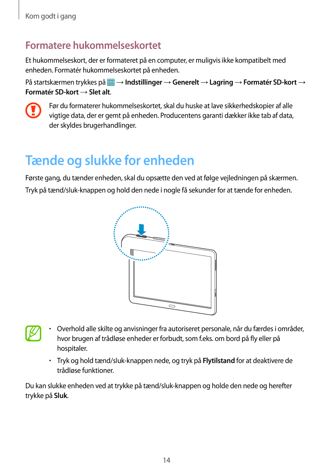 Samsung SM-T520NZKENEE, SM-T520XZWANEE, SM-T520NZKANEE manual Tænde og slukke for enheden, Formatere hukommelseskortet 