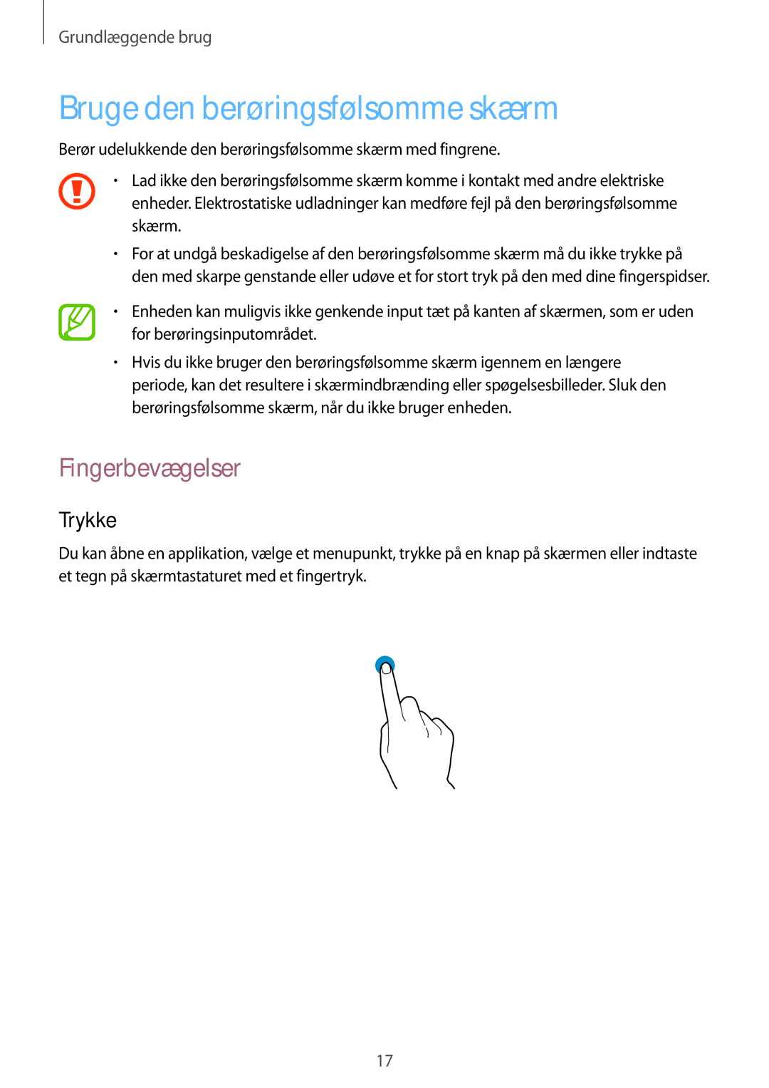 Samsung SM-T520NZWANEE, SM-T520XZWANEE, SM-T520NZKANEE manual Bruge den berøringsfølsomme skærm, Fingerbevægelser, Trykke 