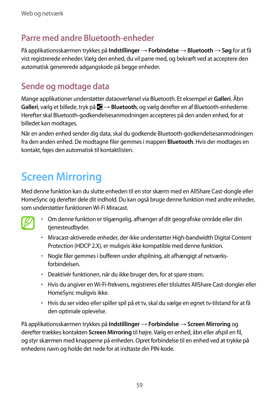 Samsung SM-T520NZKENEE, SM-T520XZWANEE manual Screen Mirroring, Parre med andre Bluetooth-enheder, Sende og modtage data 