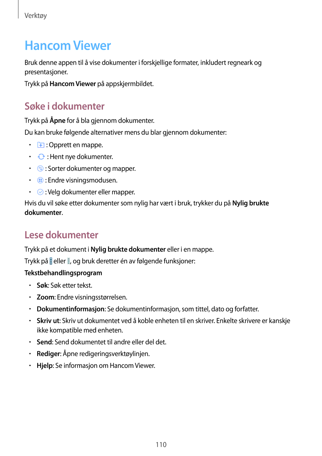 Samsung SM-T520XZWANEE manual Hancom Viewer, Søke i dokumenter, Lese dokumenter, Dokumenter, Tekstbehandlingsprogram 