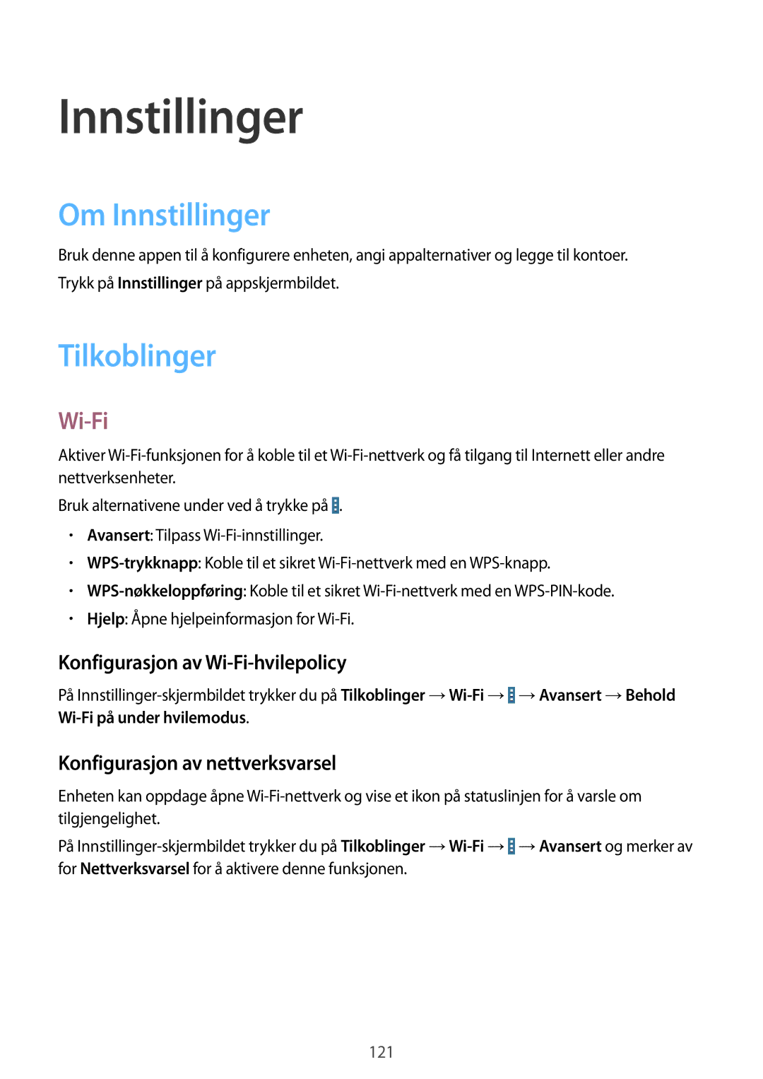 Samsung SM-T520NZKANEE, SM-T520XZWANEE, SM-T520NZWANEE, SM-T520NZWENEE manual Om Innstillinger, Tilkoblinger, Wi-Fi 