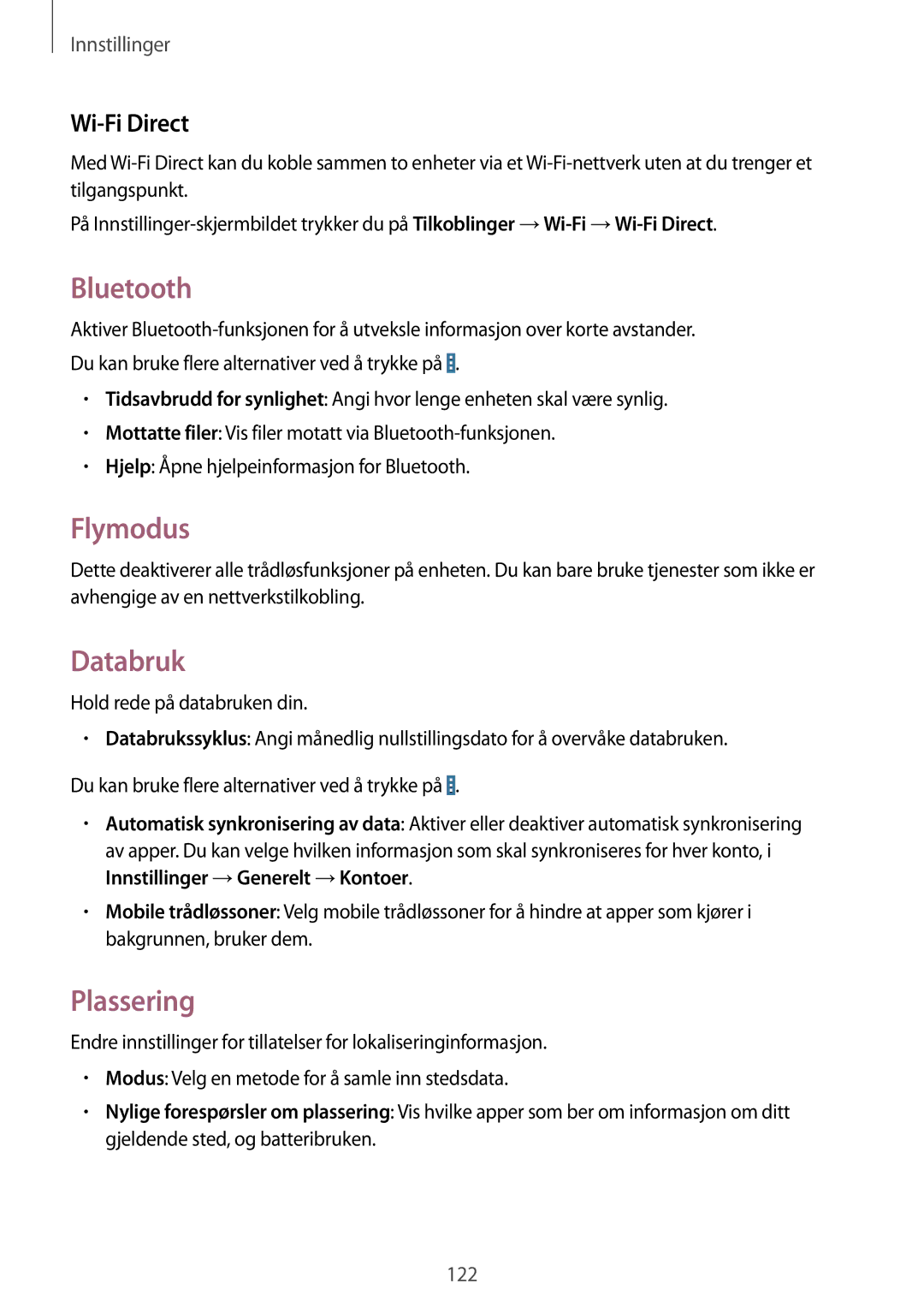 Samsung SM-T520NZWANEE, SM-T520XZWANEE, SM-T520NZKANEE manual Bluetooth, Flymodus, Databruk, Plassering, Wi-Fi Direct 