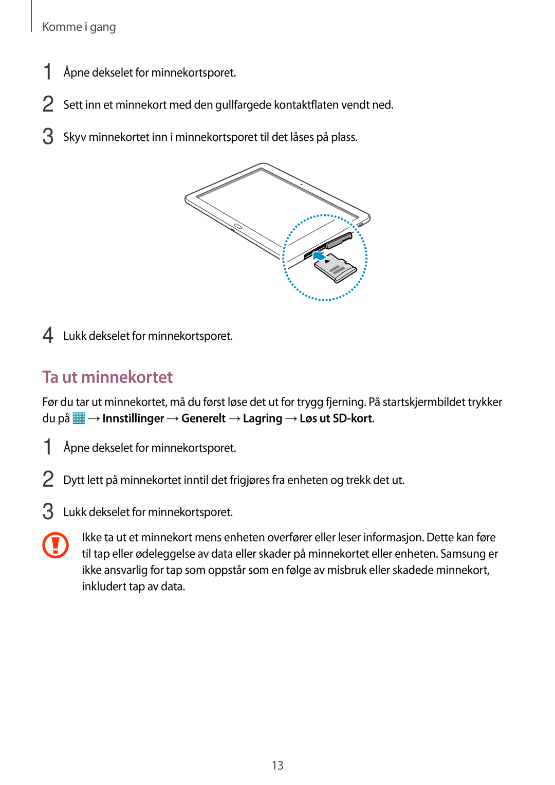 Samsung SM-T520NZWENEE, SM-T520XZWANEE, SM-T520NZKANEE, SM-T520NZWANEE, SM-T520NZKENEE manual Ta ut minnekortet 