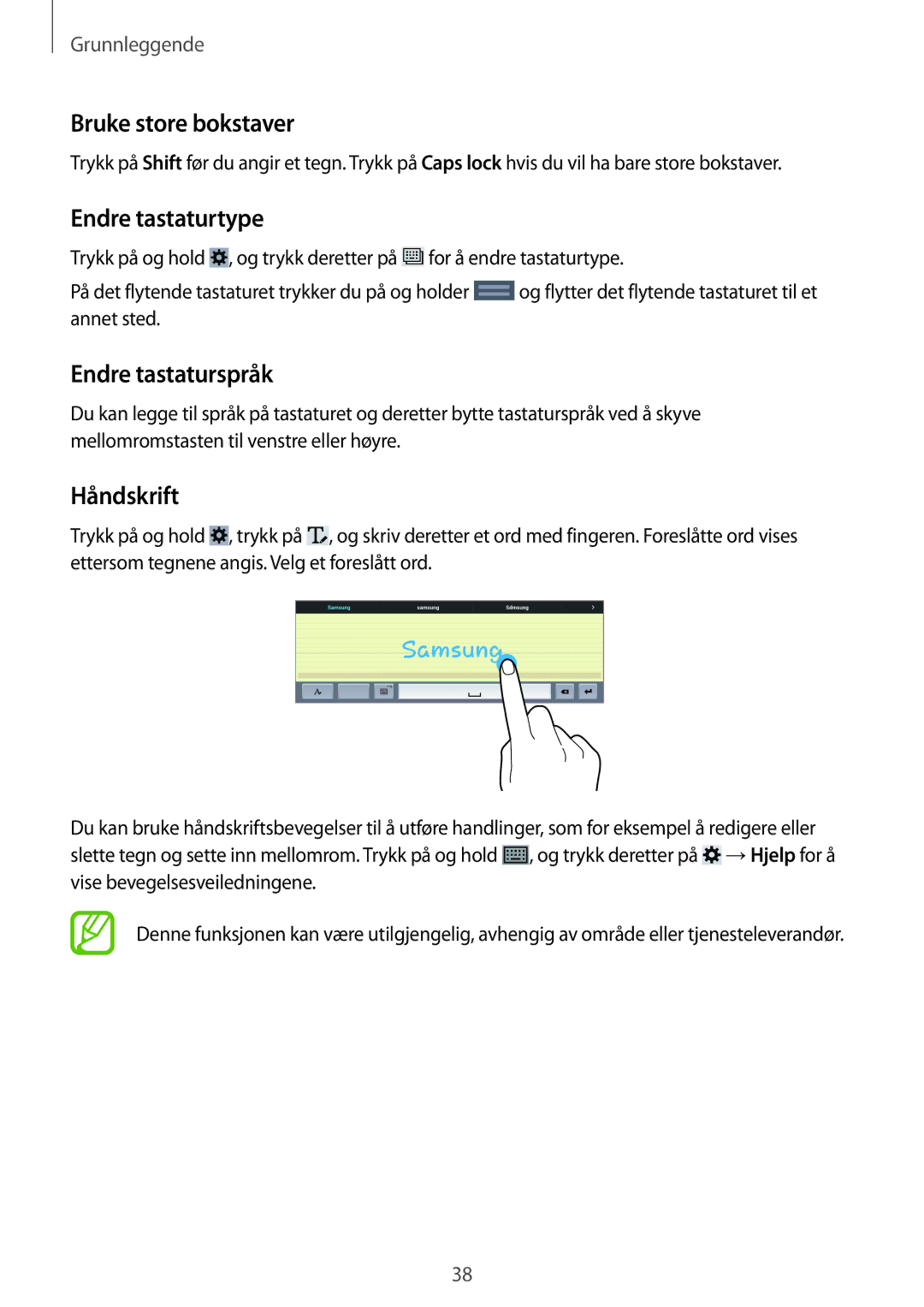 Samsung SM-T520NZWENEE, SM-T520XZWANEE manual Bruke store bokstaver, Endre tastaturtype, Endre tastaturspråk, Håndskrift 