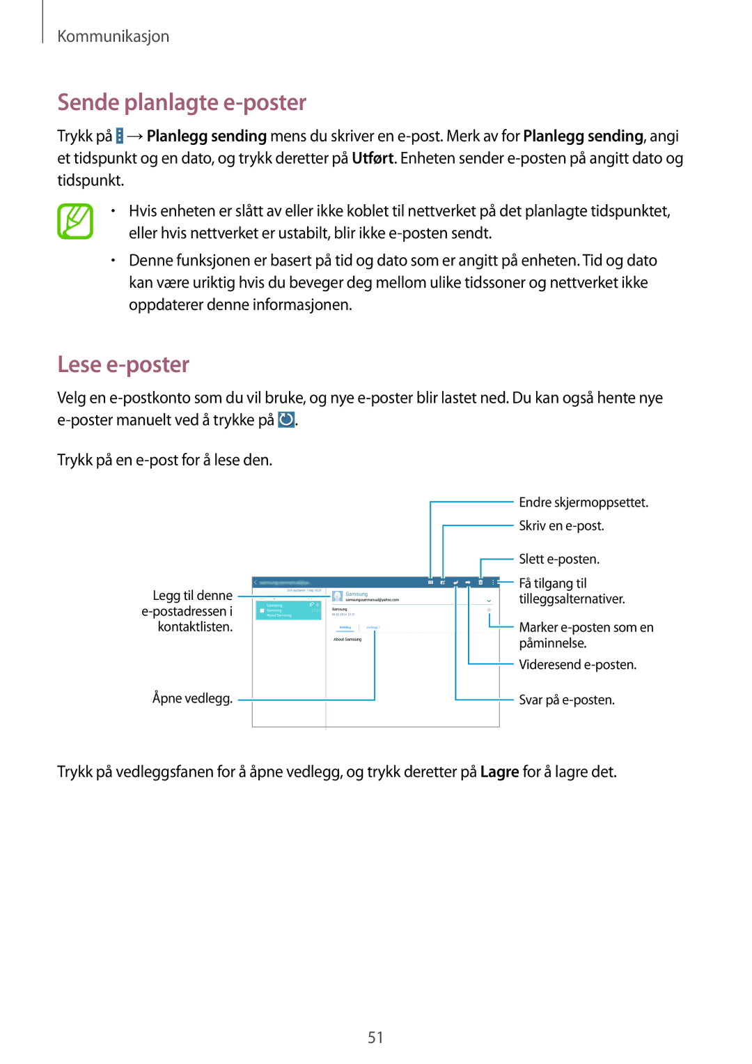 Samsung SM-T520NZKANEE, SM-T520XZWANEE, SM-T520NZWANEE, SM-T520NZWENEE manual Sende planlagte e-poster, Lese e-poster 