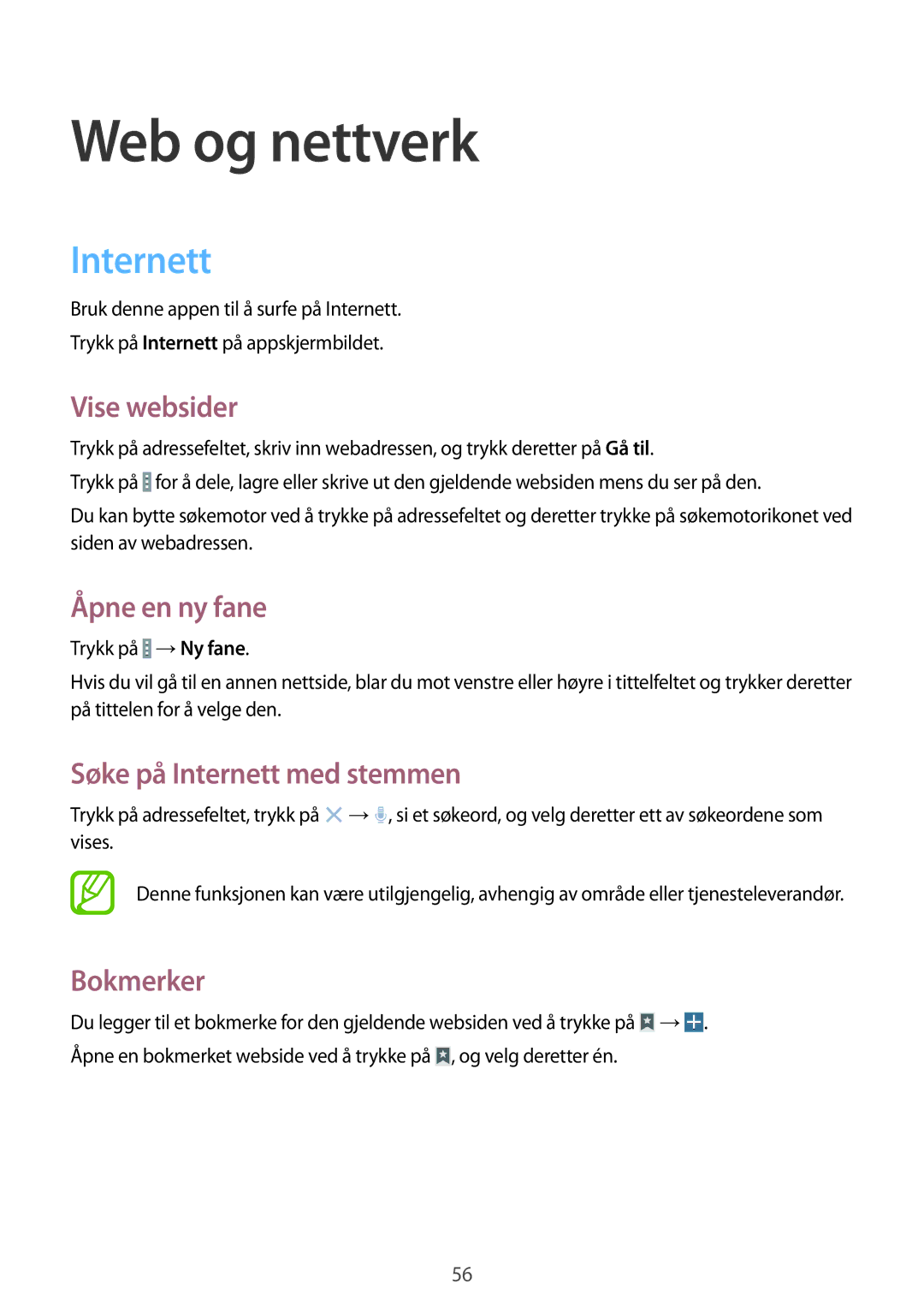 Samsung SM-T520NZKANEE, SM-T520XZWANEE, SM-T520NZWANEE, SM-T520NZWENEE, SM-T520NZKENEE manual Web og nettverk, Internett 