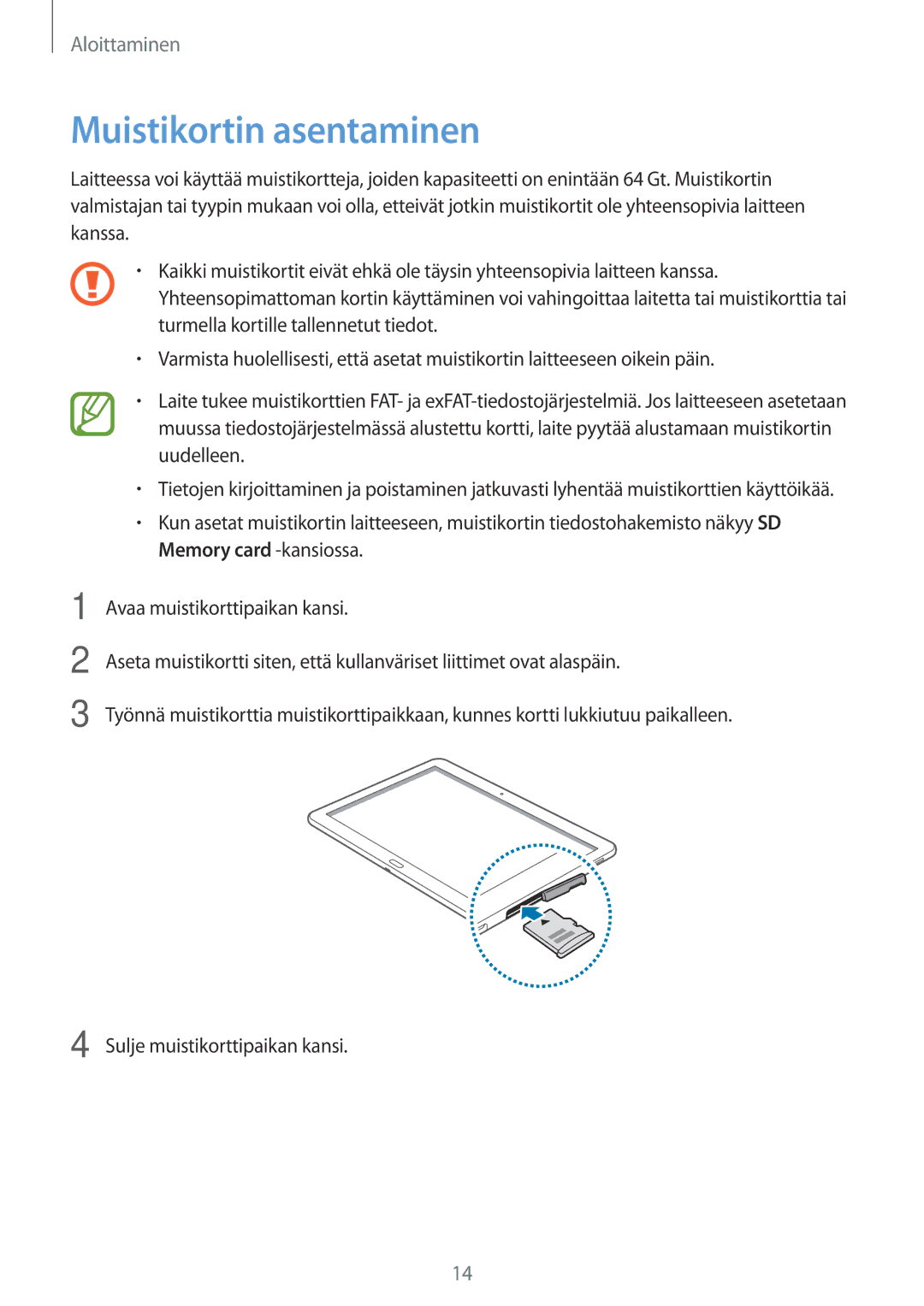 Samsung SM-T525NZKANEE, SM-T525NZWANEE manual Muistikortin asentaminen 