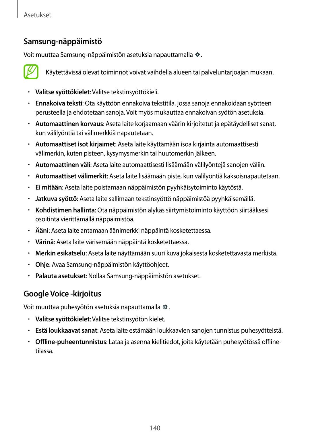 Samsung SM-T525NZKANEE, SM-T525NZWANEE manual Samsung-näppäimistö, Google Voice -kirjoitus 