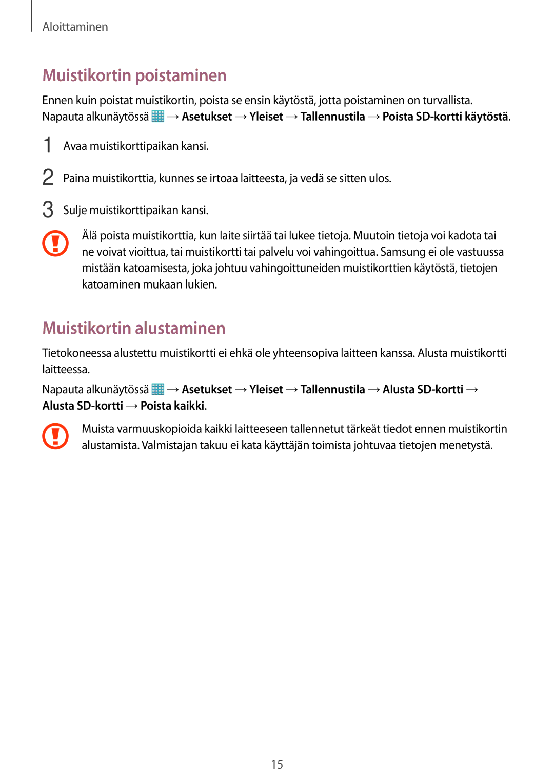 Samsung SM-T525NZWANEE, SM-T525NZKANEE manual Muistikortin poistaminen, Muistikortin alustaminen 