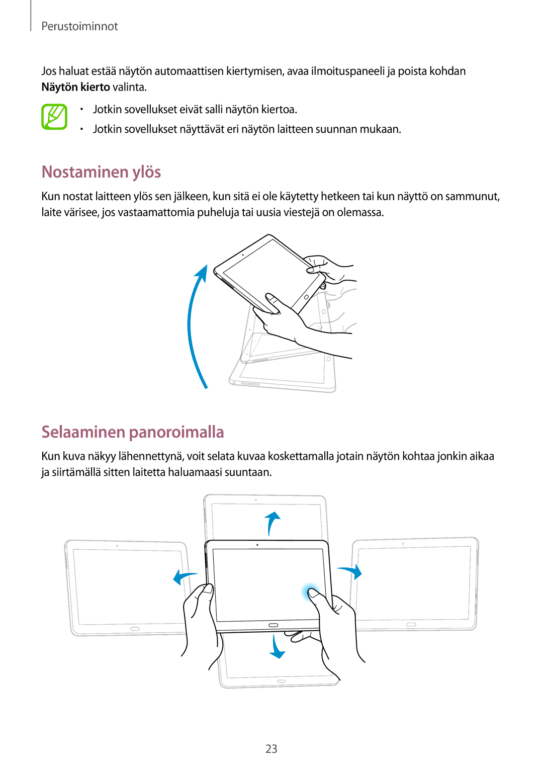 Samsung SM-T525NZWANEE, SM-T525NZKANEE manual Nostaminen ylös, Selaaminen panoroimalla 