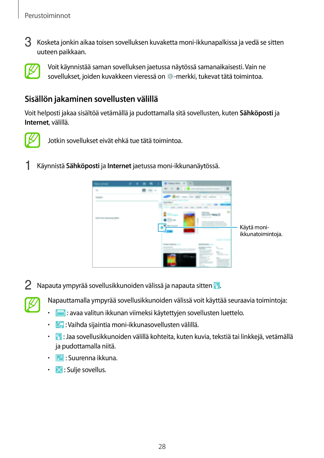 Samsung SM-T525NZKANEE, SM-T525NZWANEE manual Sisällön jakaminen sovellusten välillä 