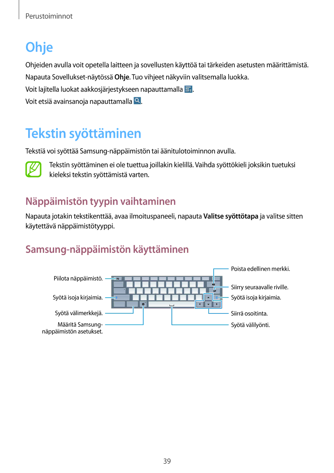 Samsung SM-T525NZWANEE, SM-T525NZKANEE manual Ohje, Tekstin syöttäminen, Näppäimistön tyypin vaihtaminen 