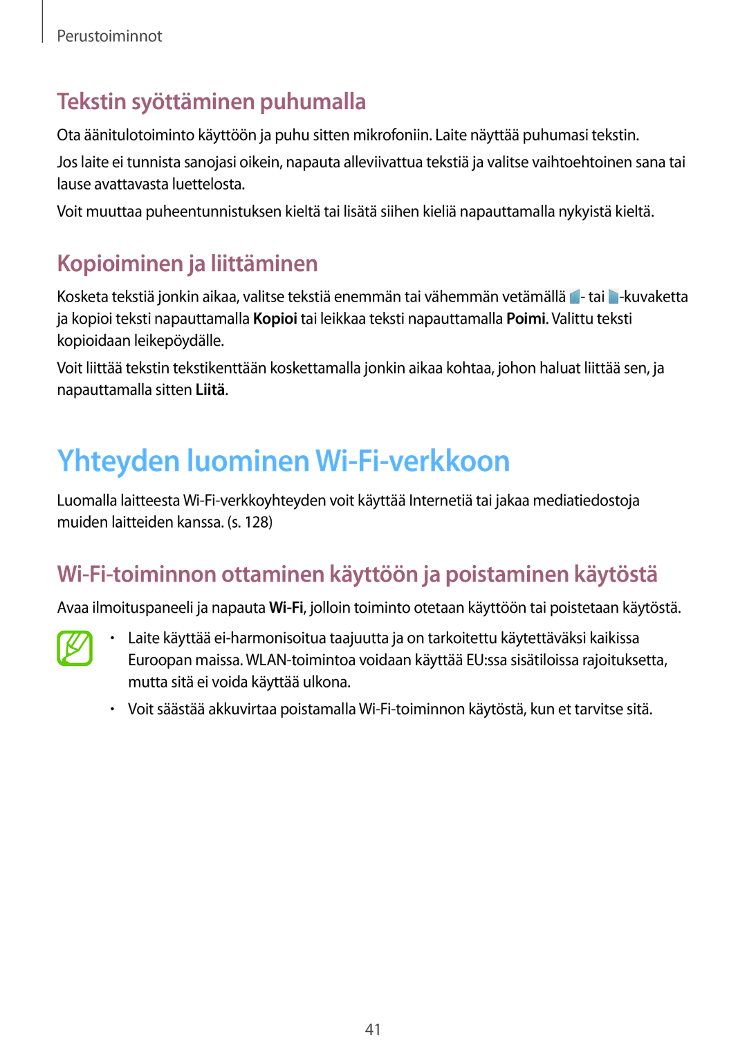 Samsung SM-T525NZWANEE manual Yhteyden luominen Wi-Fi-verkkoon, Tekstin syöttäminen puhumalla, Kopioiminen ja liittäminen 