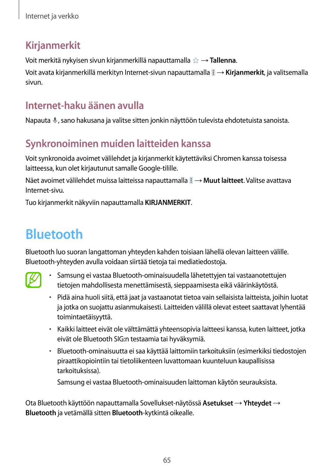 Samsung SM-T525NZWANEE, SM-T525NZKANEE manual Bluetooth, Synkronoiminen muiden laitteiden kanssa 