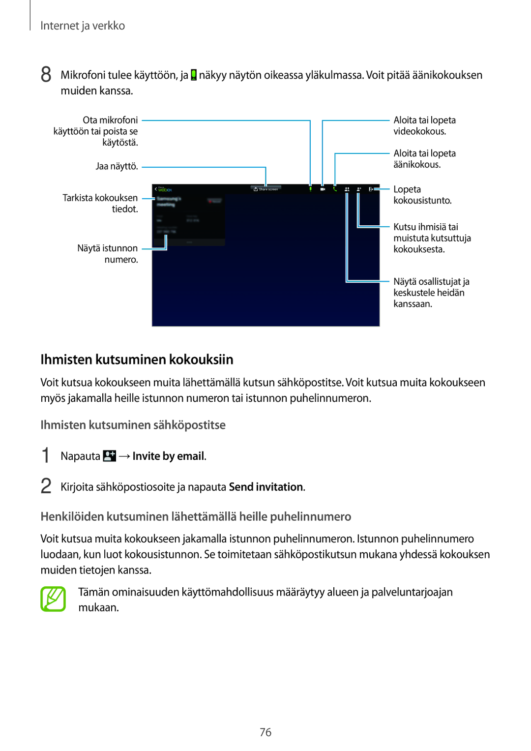 Samsung SM-T525NZKANEE, SM-T525NZWANEE manual Ihmisten kutsuminen kokouksiin, Napauta →Invite by email 