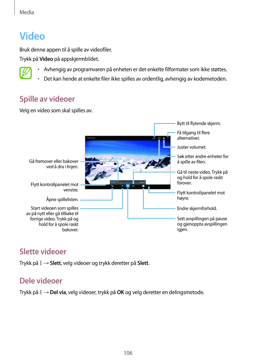 Samsung SM-T525NZKANEE, SM-T525NZWANEE manual Video, Slette videoer, Dele videoer, Velg en video som skal spilles av 