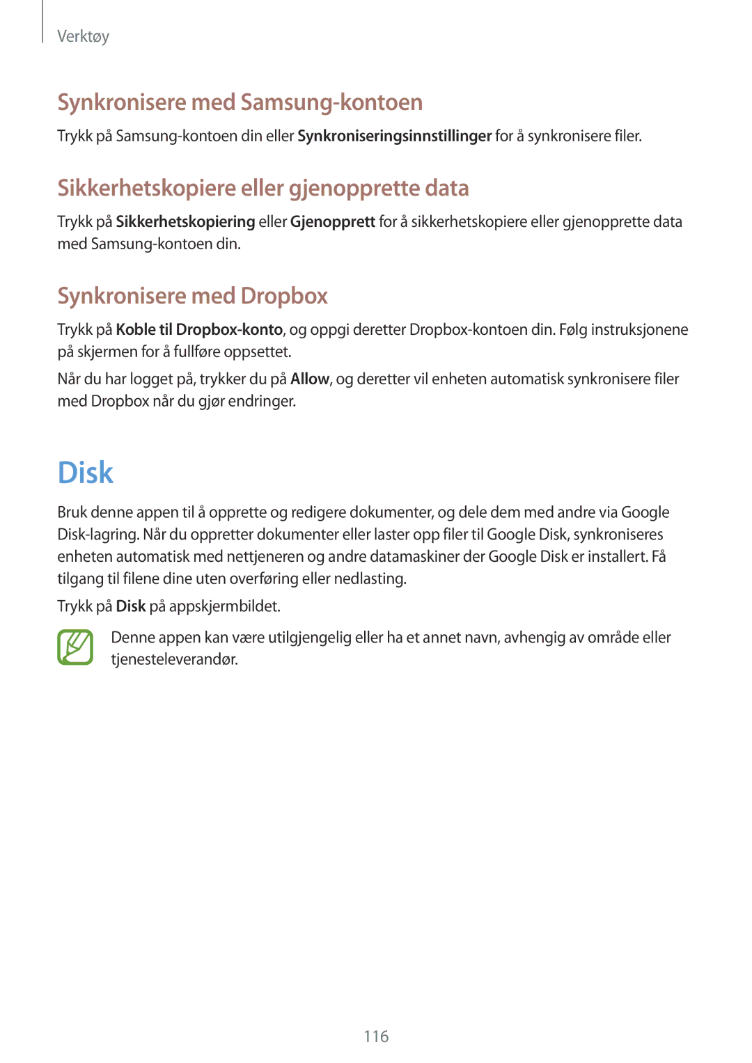 Samsung SM-T525NZKANEE, SM-T525NZWANEE Disk, Synkronisere med Samsung-kontoen, Sikkerhetskopiere eller gjenopprette data 