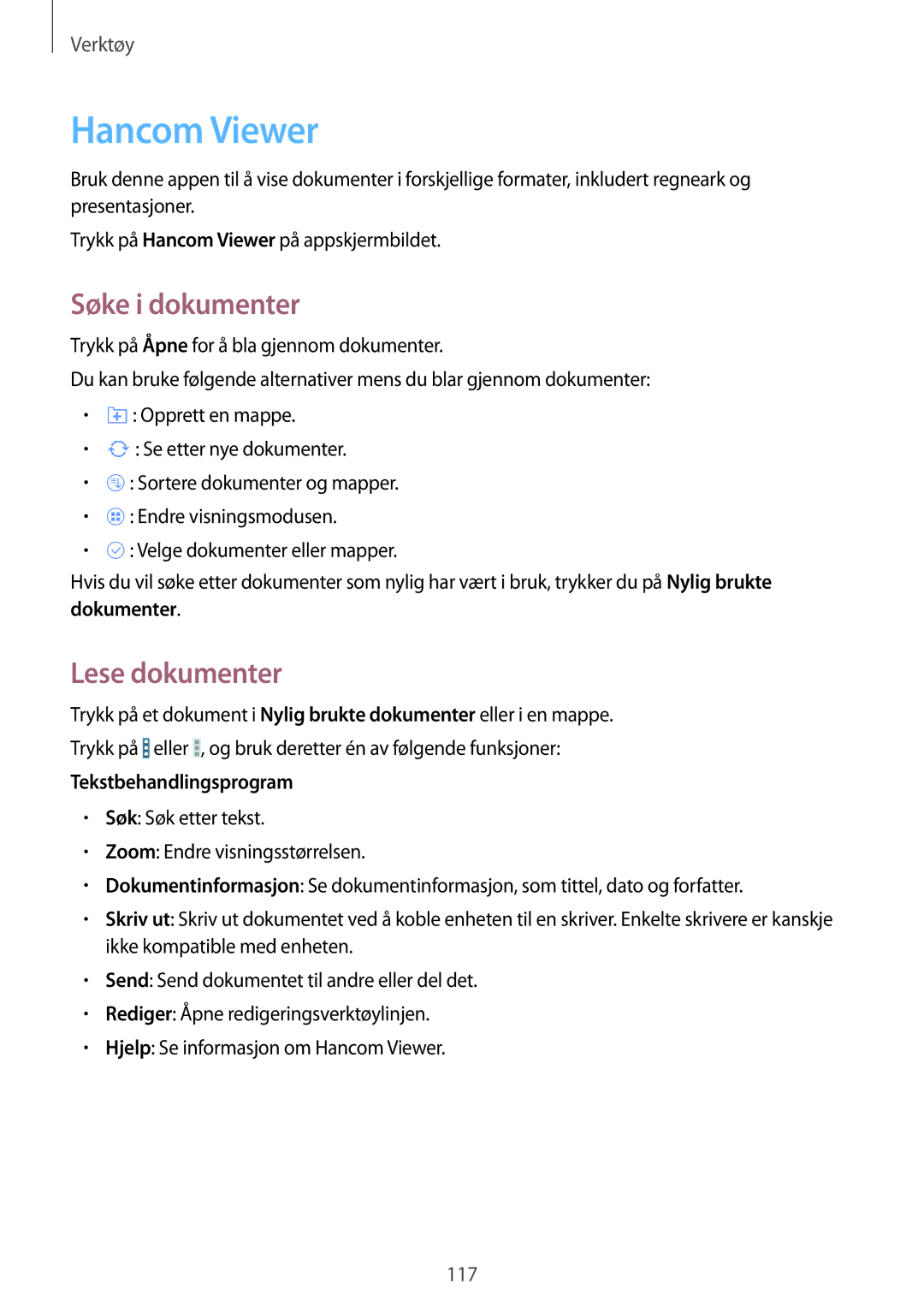 Samsung SM-T525NZWANEE manual Hancom Viewer, Søke i dokumenter, Lese dokumenter, Dokumenter, Tekstbehandlingsprogram 