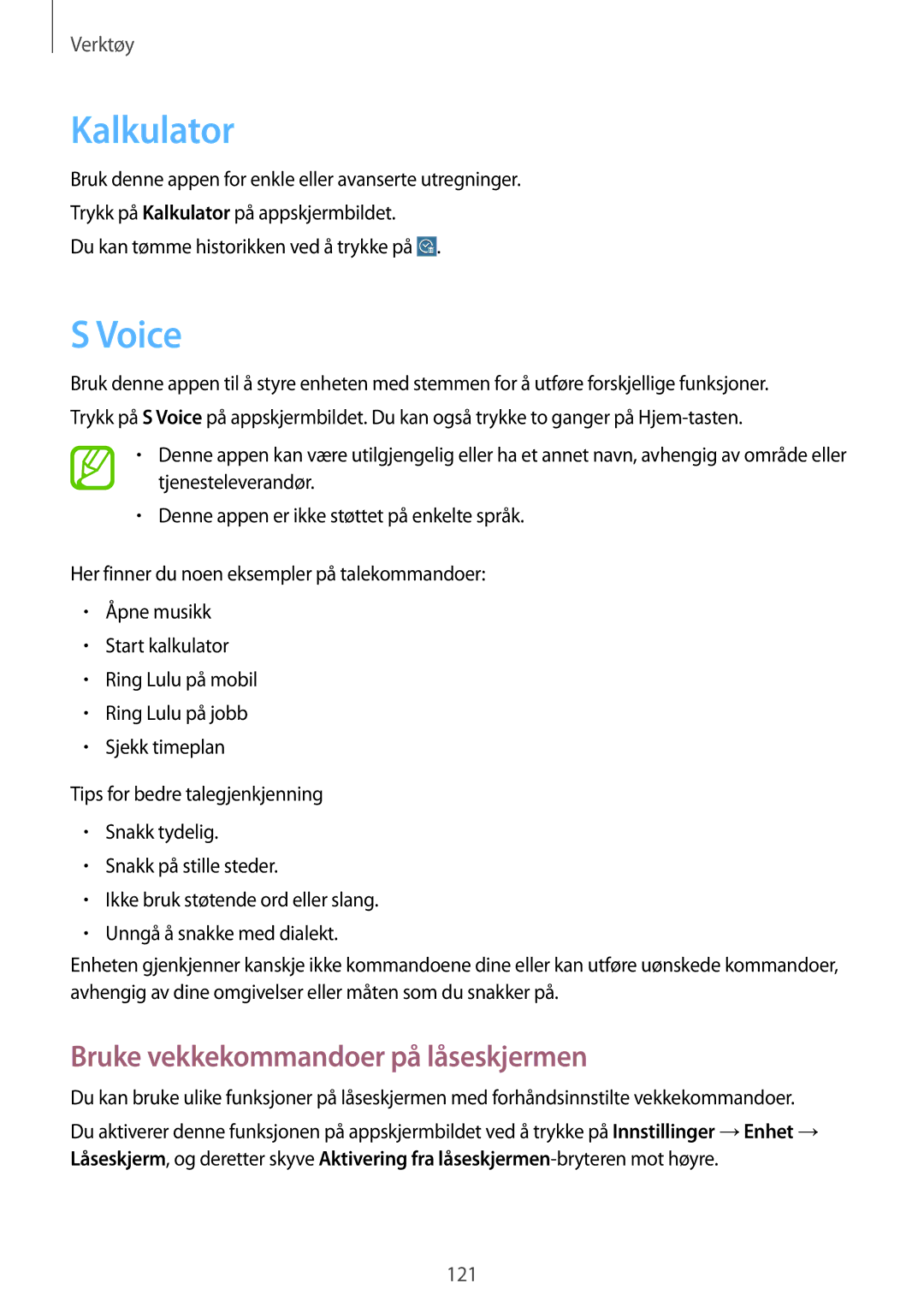 Samsung SM-T525NZWANEE, SM-T525NZKANEE manual Kalkulator, Voice, Bruke vekkekommandoer på låseskjermen 
