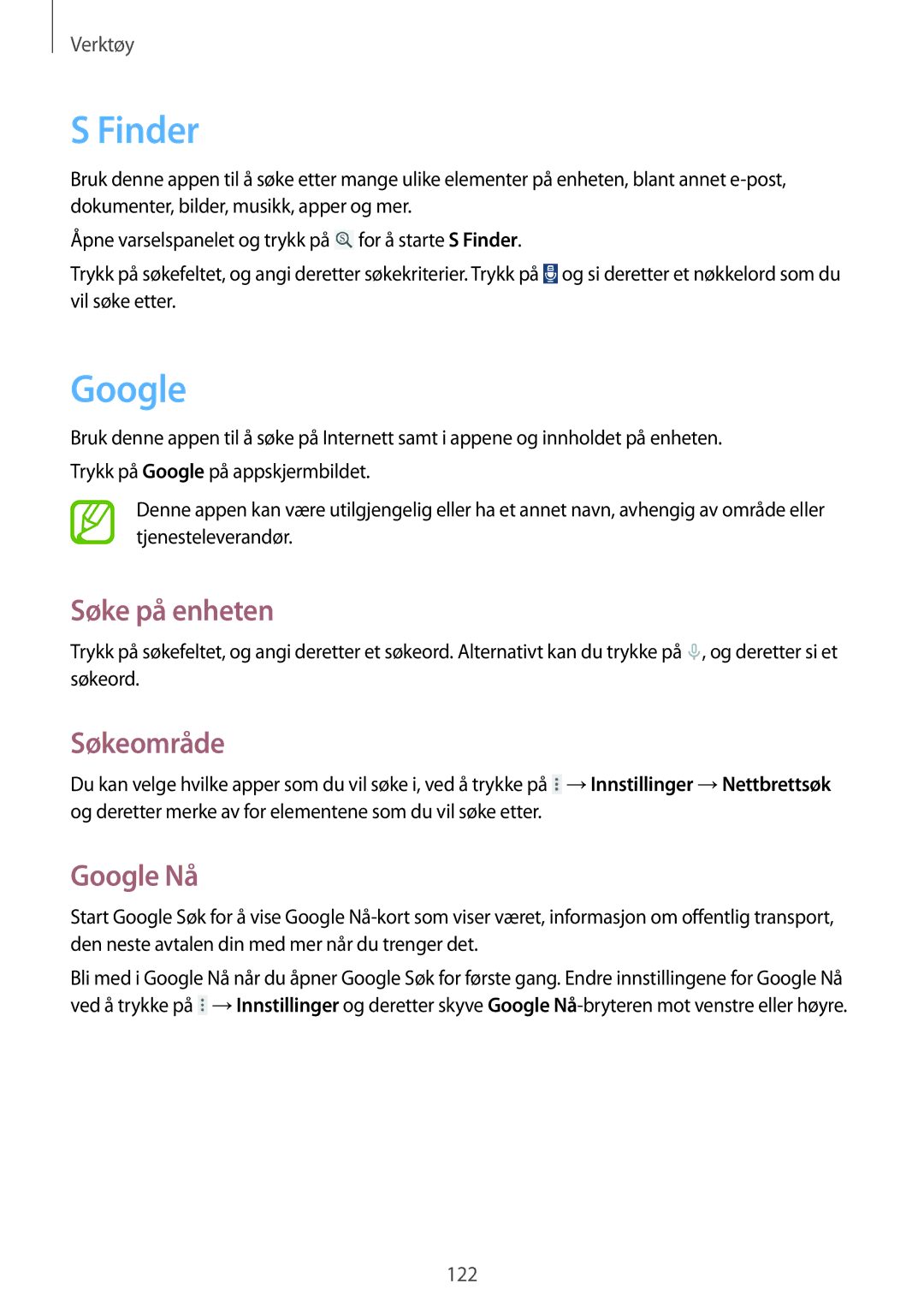 Samsung SM-T525NZKANEE, SM-T525NZWANEE manual Finder, Søke på enheten, Søkeområde, Google Nå 