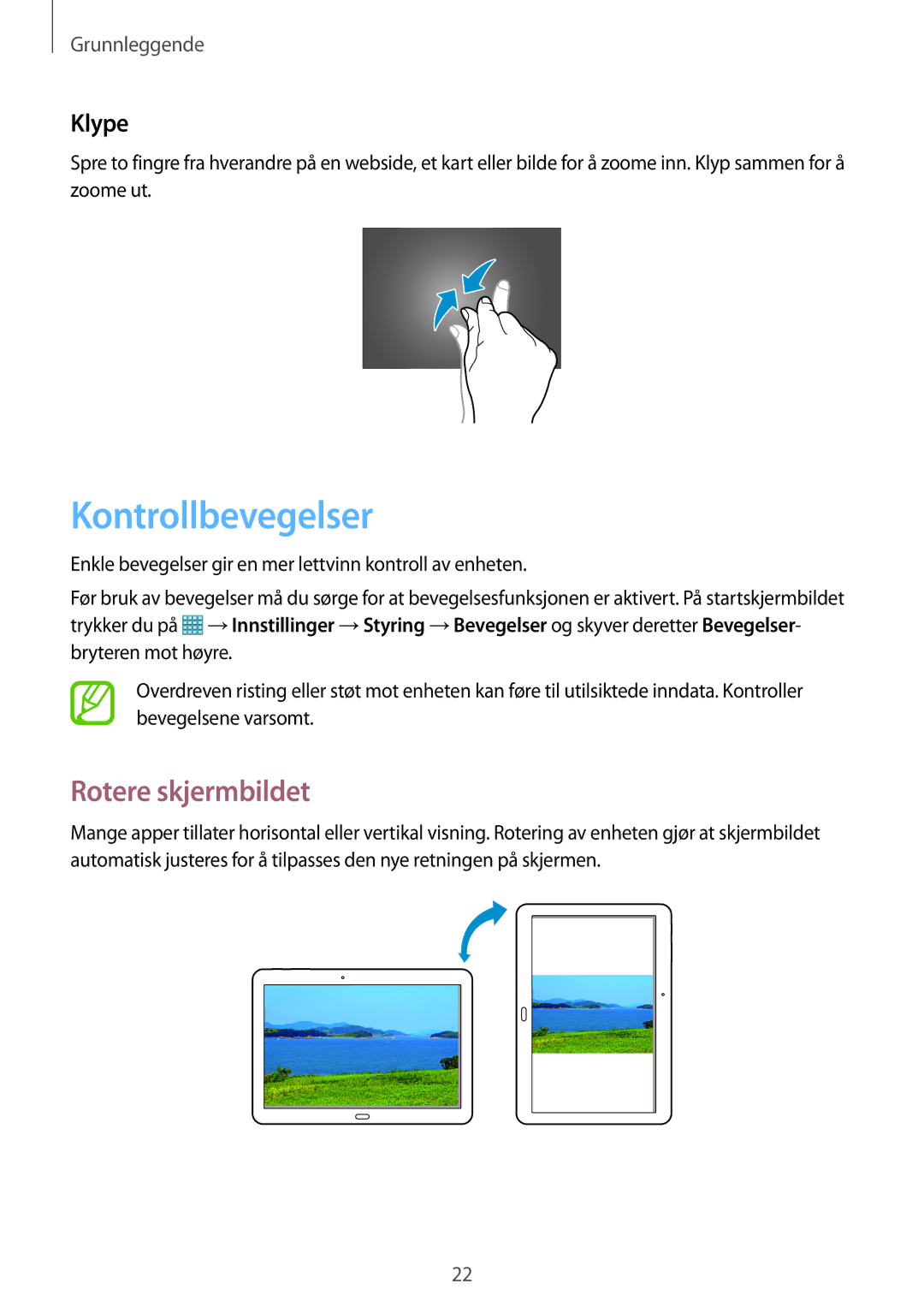 Samsung SM-T525NZKANEE, SM-T525NZWANEE manual Kontrollbevegelser, Rotere skjermbildet, Klype 