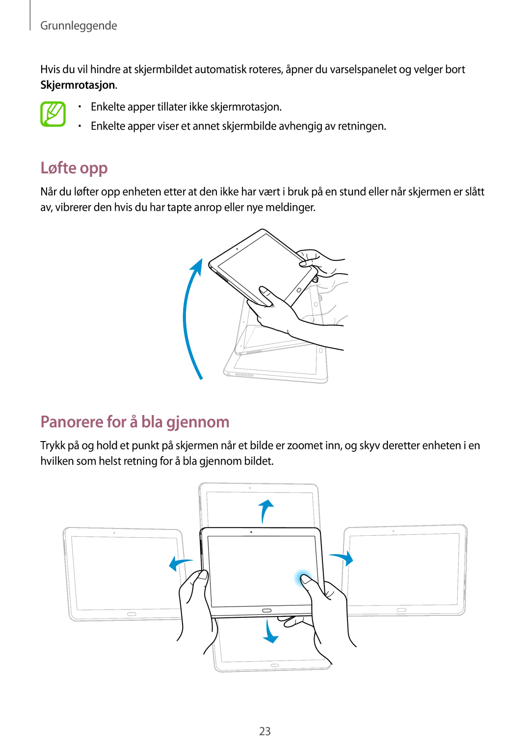 Samsung SM-T525NZWANEE, SM-T525NZKANEE manual Løfte opp, Panorere for å bla gjennom 