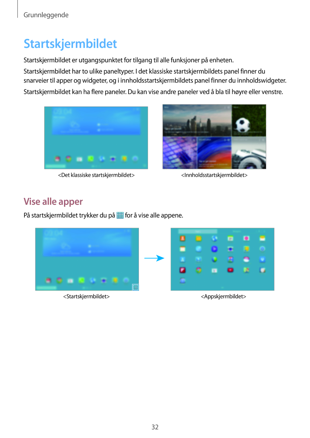 Samsung SM-T525NZKANEE manual Startskjermbildet, Vise alle apper, På startskjermbildet trykker du på for å vise alle appene 