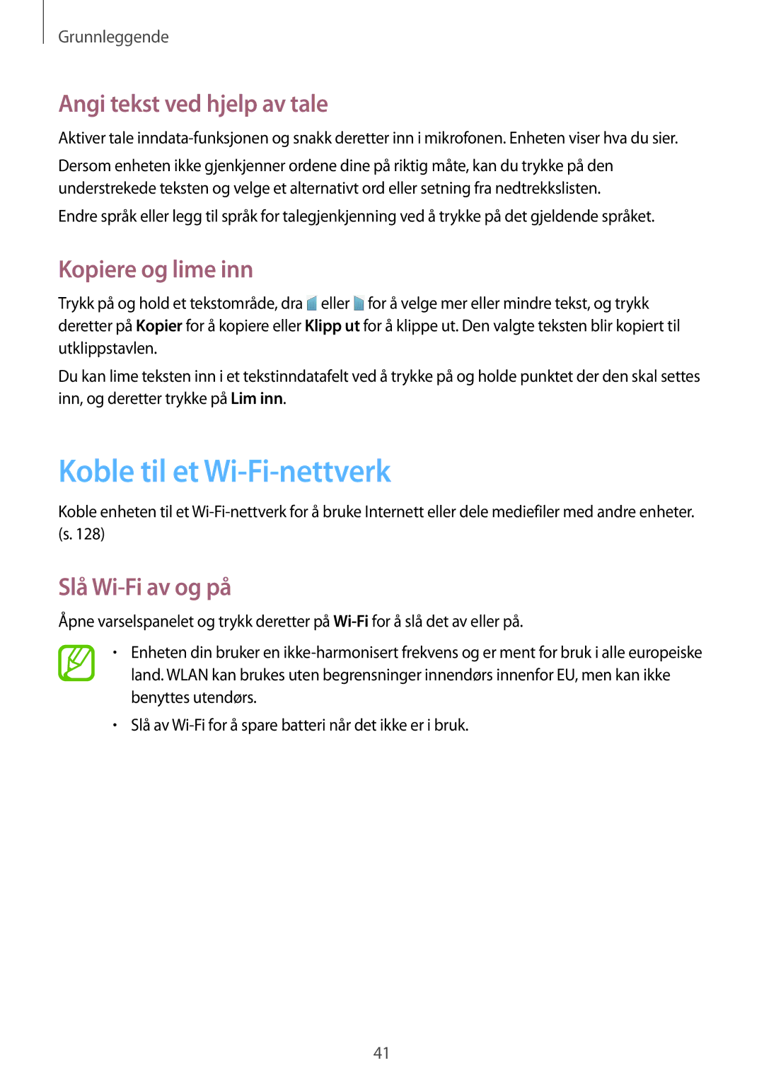 Samsung SM-T525NZWANEE Koble til et Wi-Fi-nettverk, Angi tekst ved hjelp av tale, Kopiere og lime inn, Slå Wi-Fi av og på 