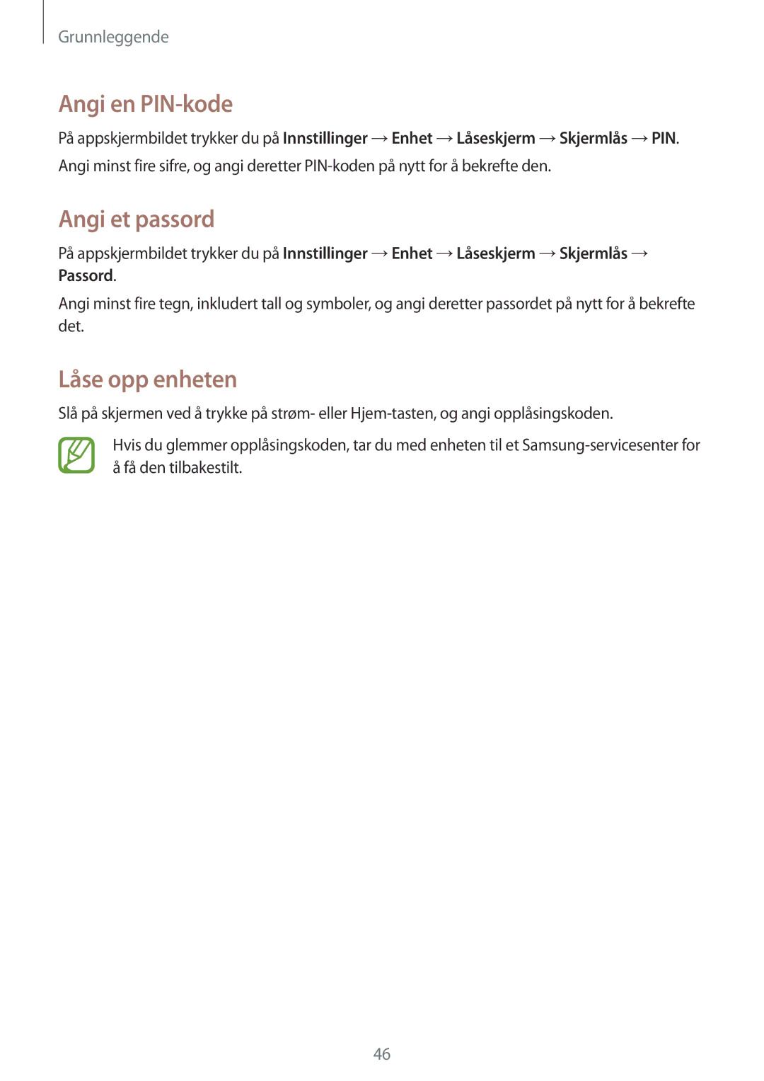 Samsung SM-T525NZKANEE, SM-T525NZWANEE manual Angi en PIN-kode, Angi et passord, Låse opp enheten 