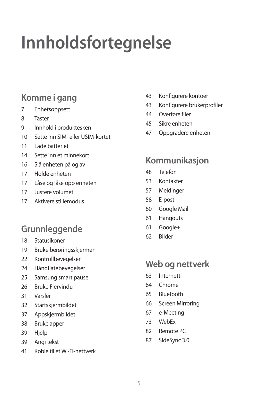 Samsung SM-T525NZWANEE, SM-T525NZKANEE manual Innholdsfortegnelse, Komme i gang 