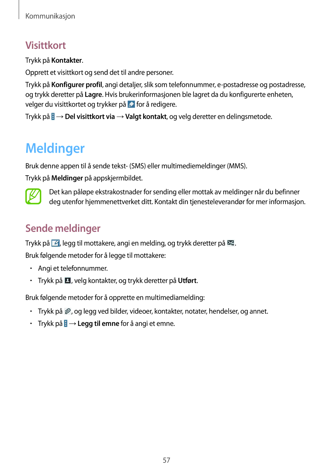 Samsung SM-T525NZWANEE, SM-T525NZKANEE manual Meldinger, Visittkort, Sende meldinger 