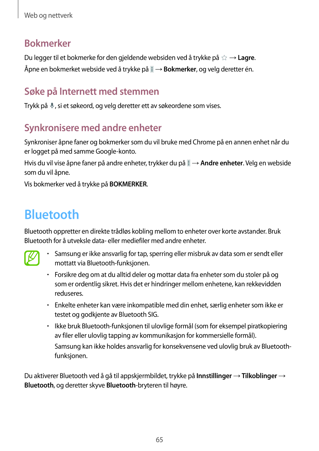 Samsung SM-T525NZWANEE, SM-T525NZKANEE manual Bluetooth, Synkronisere med andre enheter 