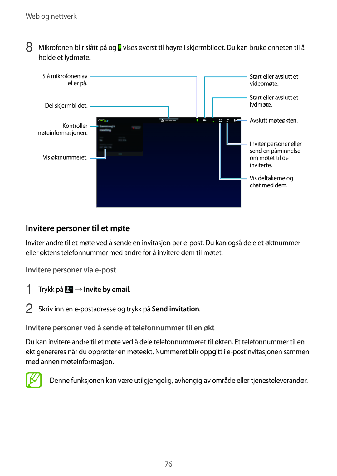 Samsung SM-T525NZKANEE, SM-T525NZWANEE manual Invitere personer til et møte, Trykk på →Invite by email 