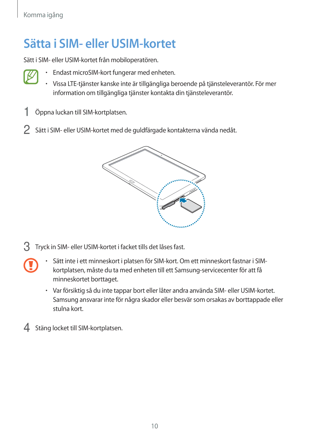 Samsung SM-T525NZKANEE, SM-T525NZWANEE manual Sätta i SIM- eller USIM-kortet 