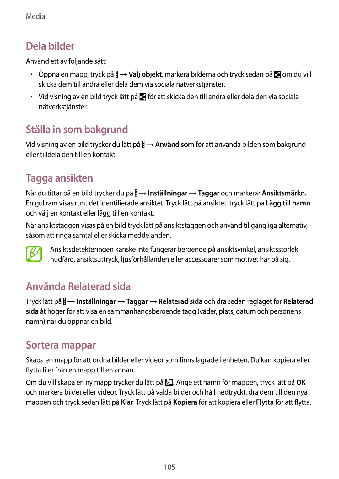 Samsung SM-T525NZWANEE, SM-T525NZKANEE manual Dela bilder, Ställa in som bakgrund, Tagga ansikten, Använda Relaterad sida 