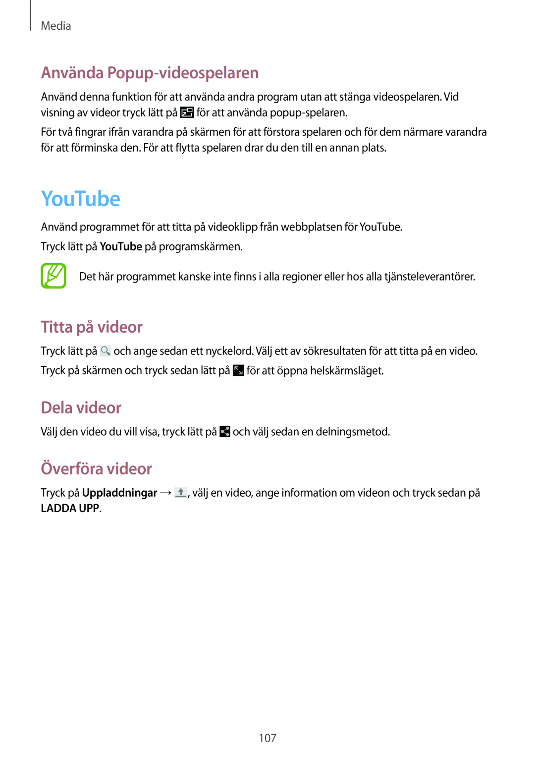 Samsung SM-T525NZWANEE, SM-T525NZKANEE manual YouTube, Använda Popup-videospelaren, Titta på videor, Överföra videor 