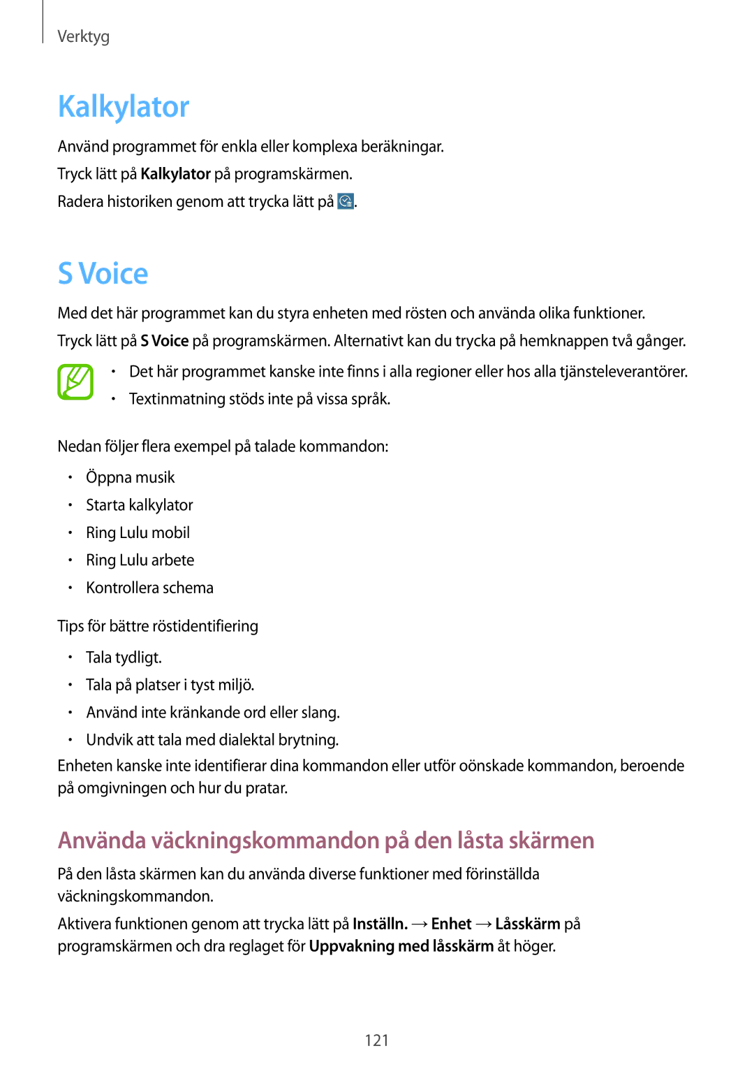 Samsung SM-T525NZWANEE, SM-T525NZKANEE manual Kalkylator, Voice, Använda väckningskommandon på den låsta skärmen 