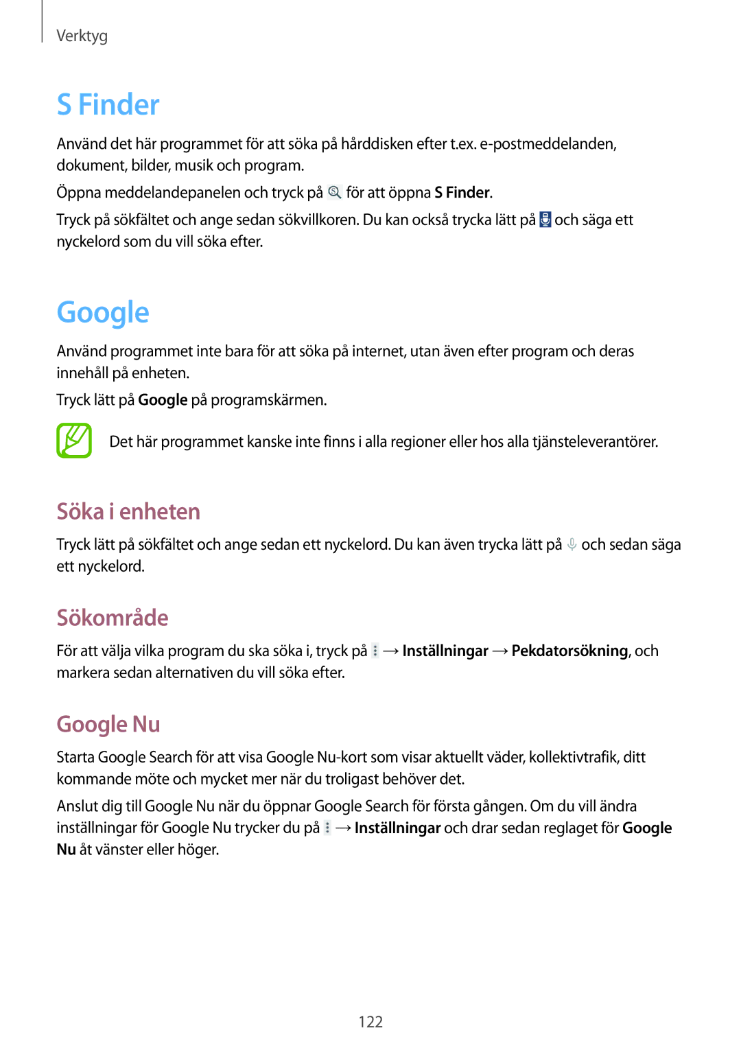 Samsung SM-T525NZKANEE, SM-T525NZWANEE manual Finder, Söka i enheten, Sökområde, Google Nu 