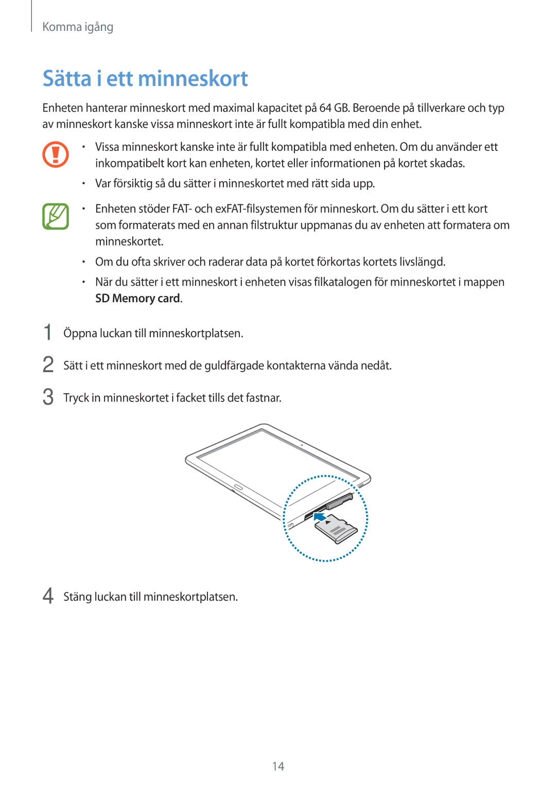 Samsung SM-T525NZKANEE, SM-T525NZWANEE manual Sätta i ett minneskort 