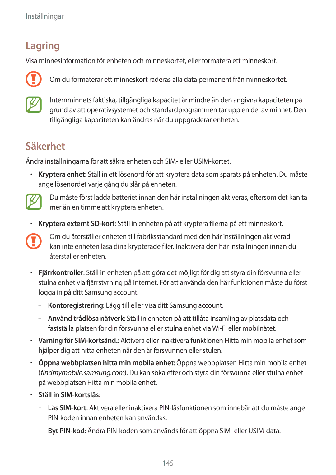 Samsung SM-T525NZWANEE, SM-T525NZKANEE manual Lagring, Säkerhet 