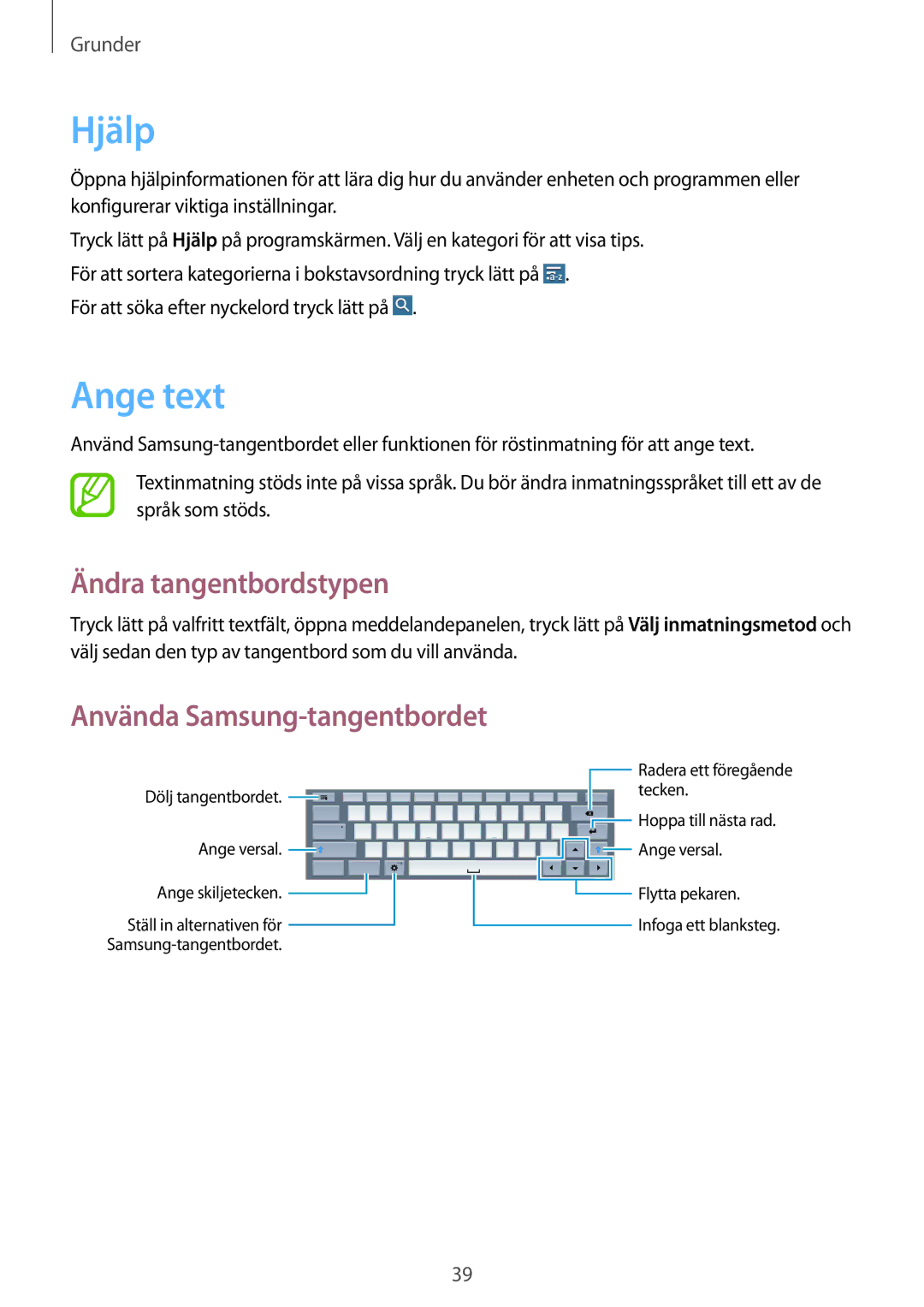 Samsung SM-T525NZWANEE, SM-T525NZKANEE manual Hjälp, Ange text, Ändra tangentbordstypen 