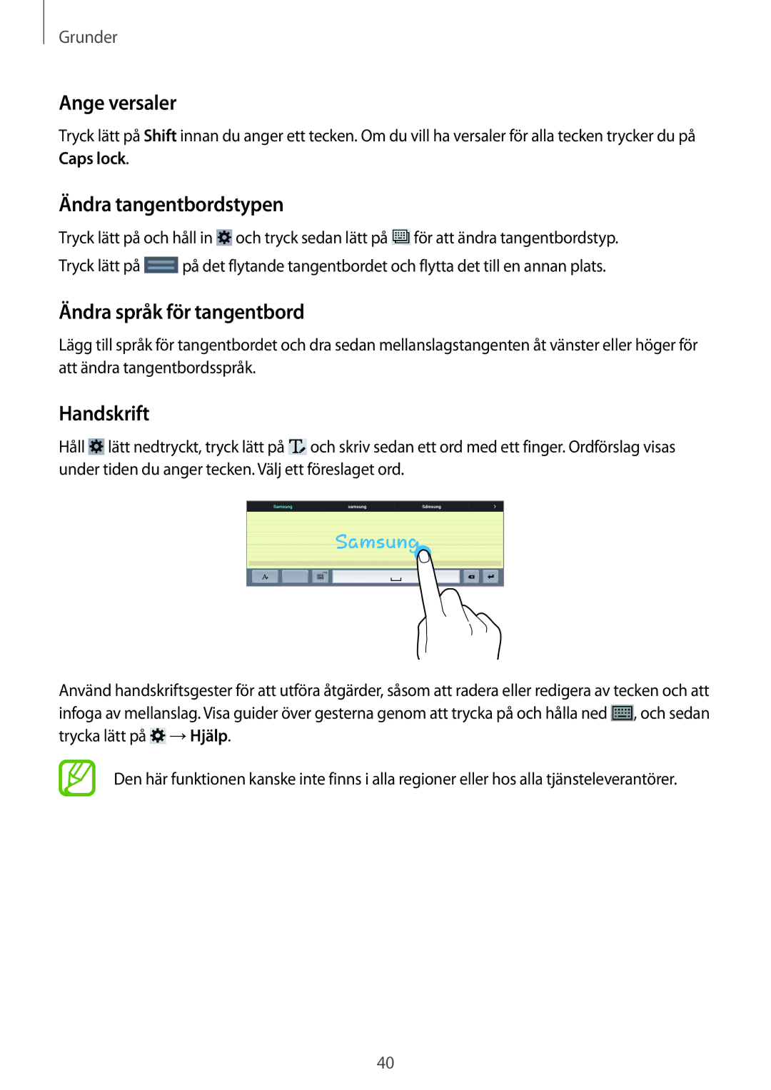 Samsung SM-T525NZKANEE, SM-T525NZWANEE Ange versaler, Ändra tangentbordstypen, Ändra språk för tangentbord, Handskrift 